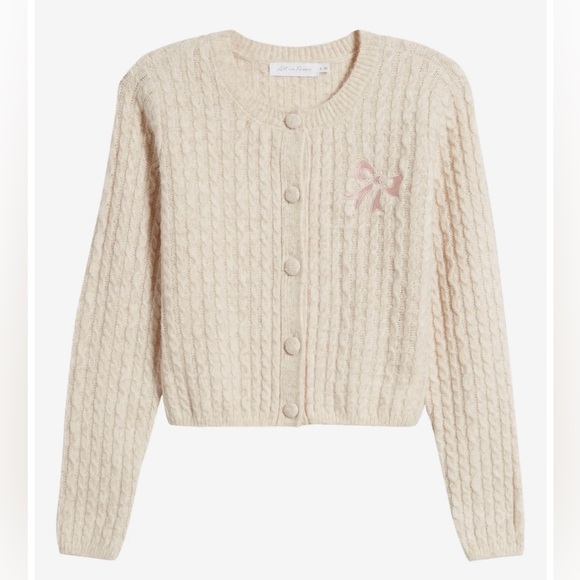 NWT All in Favor Oatmeal Bow Embroidered Cable Knit Wool Blend Cardigan Sweater - Picture 1 of 12